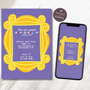 Editable Yellow Peephole Frame Friends Tvshow 25th Birthday Invite Purple Theme Party Evite Girls Night Out Digital E-Invitation FR1
