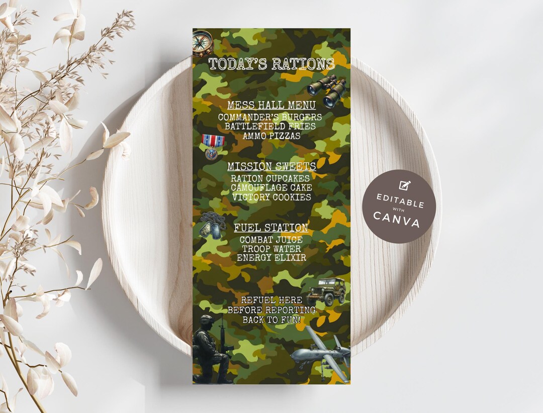 Soldier Menu Soldier Themed Menu Template for Boys Birthday Party Editable in Canva ...