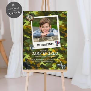 Cartaz de boas-vindas editável com tema de exército para festa de aniversário de meninos, pôster com design de soldado, decoração personalizável com foto, banner de saudação de entrada AR