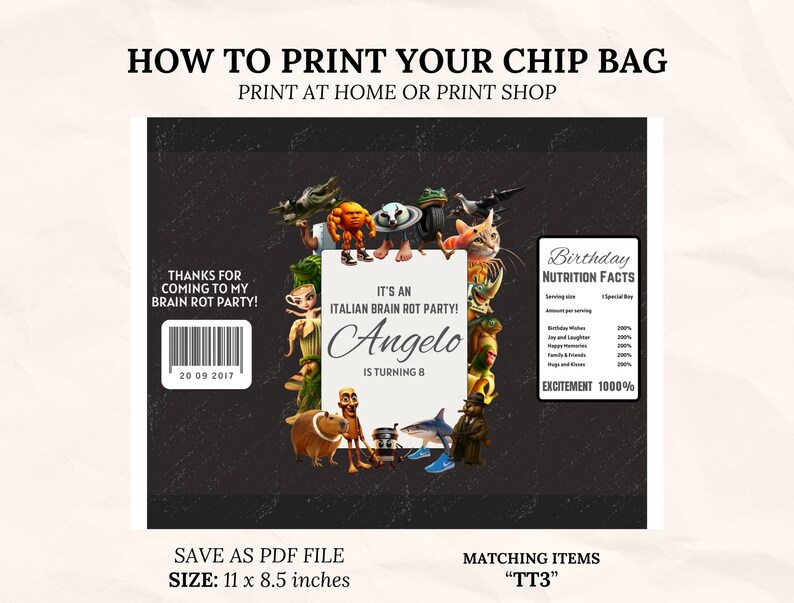 Italian Brainrot Birthday Decorations Chip Bag Label Editable Canva ...