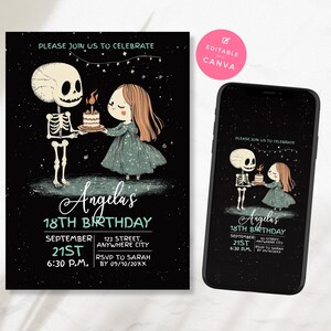 Horror Themed Birthday Invitation Editable Canva Template Vintage Skeleton 18th Party Girl Black Spooky Halloween Party Digital Evite HR1