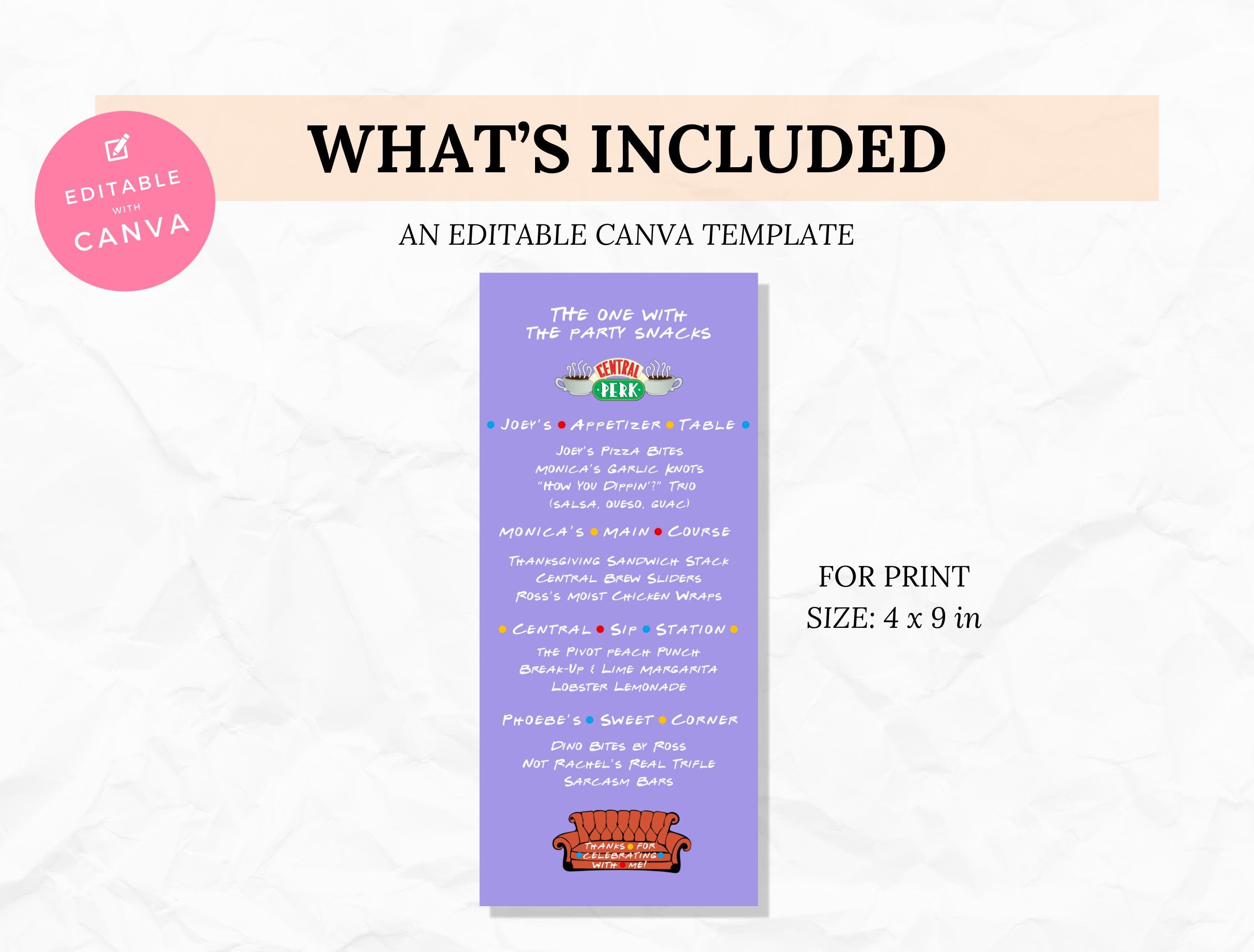 Friends Menu Card Food Editable Canva Template 90s Sitcom Inspired ...