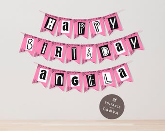 Mean Girls Birthday Party Bunting Banner Burn Book Letters Themed Cover Editable Canva Template Decorative Pink Garland BB2