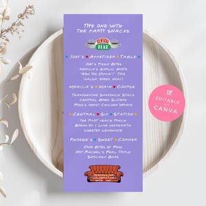 Cardápio de amigos, modelo editável de comida do Canva, inspirado em sitcom dos anos 90, jantar com tema roxo, evento, show de comédia, lembrancinha de festa