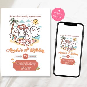 Summerween Birthday Invitation Editable Canva Template Cute Ghost Pool 13th Bday Party Invite Spooky Summer Beach Celebration SW1