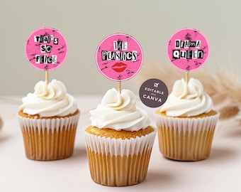 Mean Girls Theme Printable Cupcake Toppers Instant Download Editable Canva Template Girls Night Out Party Decor BB1