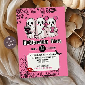 May include: A pink Halloween party invitation with three cartoon ghosts. One ghost reads a book, another uses a phone, and the third uses a phone. The invitation includes the text "Halloween Party" and the date "31 October".