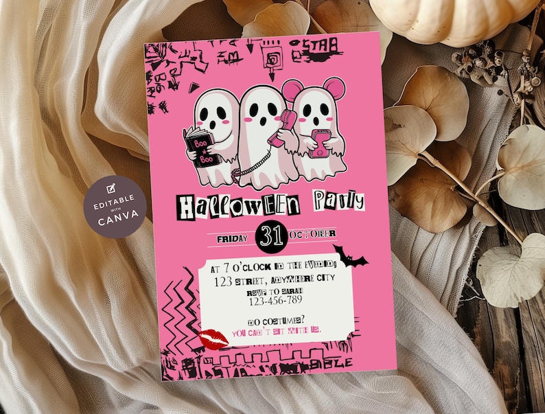 May include: A pink Halloween party invitation with three cartoon ghosts. One ghost reads a book, another uses a phone, and the third uses a phone. The invitation includes the text "Halloween Party" and the date "31 October".