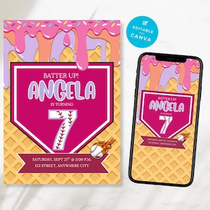 May include: A baseball-themed invitation with a pink home plate design, the name "Angela", and the number "7". The invitation has a waffle cone background with dripping pink and orange icing. A smartphone displays the same design.