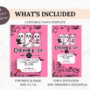 May include: Pink Halloween party invitation templates. The design features three cartoon ghosts and the text "Halloween Party". The invitation includes the date, time, and location. The size is 5 x 7 in for print and email, and 1080x1920 & 1125x2436 px for e-invitation.