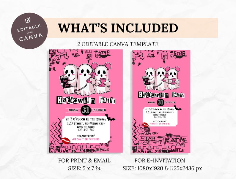 May include: Pink Halloween party invitation templates. The design features three cartoon ghosts and the text "Halloween Party". The invitation includes the date, time, and location. The size is 5 x 7 in for print and email, and 1080x1920 & 1125x2436 px for e-invitation.