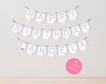 Silly Goose Grattis på födelsedagen-banderoll flicka 1-årsdagsfest-vippdekor blommig pastellgirlang 5x7 flaggdekoration festfavorit utskrivbar SG1