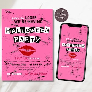 Halloween Party Invitation Editable Canva Template Mean Girls Night Out Pink Evite Burn Book Letters Inspired Spooky Digital Invite BB1