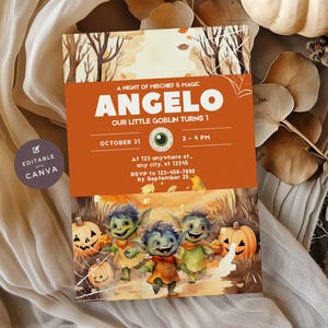 Haunted Forest Kids Halloween Invite Little Goblin 1st Birthday Invitation Editable Canva Template First Spooky Childrens Party Evite HW4