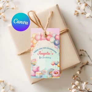 Sweet One Gift Tag Candyland Editable Canva Template Watercolor Pastel Candy Land 1st Birthday Thank You Card Party Favor Printables CL1