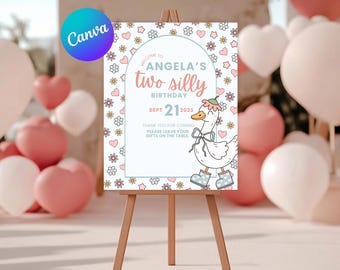 Två fåniga gåsar, välkomstskylt för 2-årsdag, trädgårdsfest, redigerbar Canvasmall, pastellfärgad, utskrivbar skylt för andra födelsedag, SG2