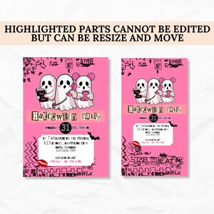 May include: Two pink Halloween party invitations. Each features cartoon ghosts holding a book, phone, and drink. The text reads "Halloween Party" and includes date, time, and location details. The invitations have a playful, spooky design.