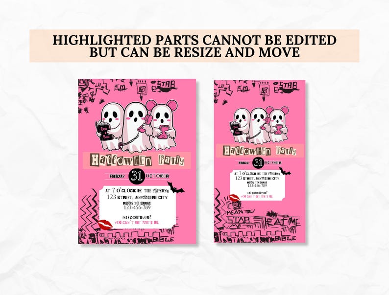 May include: Two pink Halloween party invitations. Each features cartoon ghosts holding a book, phone, and drink. The text reads "Halloween Party" and includes date, time, and location details. The invitations have a playful, spooky design.