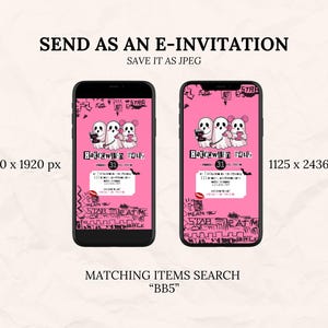 May include: Two smartphones displaying a pink Halloween invitation. The invitation features cartoon ghosts and the text "Halloween 31". The phones are set against a cream-colored background with the text "Send as an E-Invitation" and "Save it as JPEG".