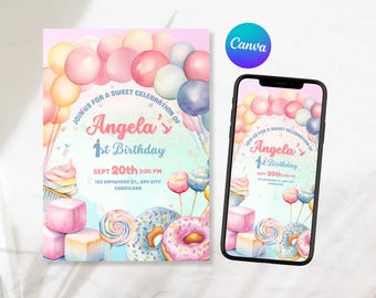 May include: A birthday invitation with a watercolor design featuring balloons, cupcakes, donuts, and lollipops. The invitation reads "Join us for a sweet celebration of Angela's 1st Birthday, Sept 20th, 3:00 PM, 123 Anywhere St., Any City, Candyland."