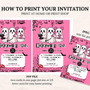 May include: Pink Halloween party invitations with cartoon ghosts holding books and phones. The invitations include the text "Halloween Party" and the date "31". The image also includes instructions for printing at home or at a print shop.