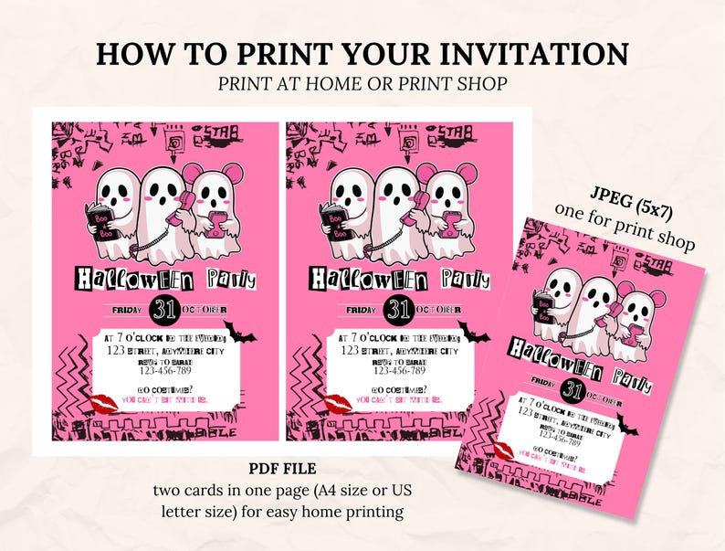 May include: Pink Halloween party invitations with cartoon ghosts holding books and phones. The invitations include the text "Halloween Party" and the date "31". The image also includes instructions for printing at home or at a print shop.
