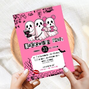 May include: A pink Halloween party invitation featuring three cartoon ghosts. One ghost reads a book, another holds a phone, and the third has mouse ears. The invitation includes the text "Halloween Party" and event details.
