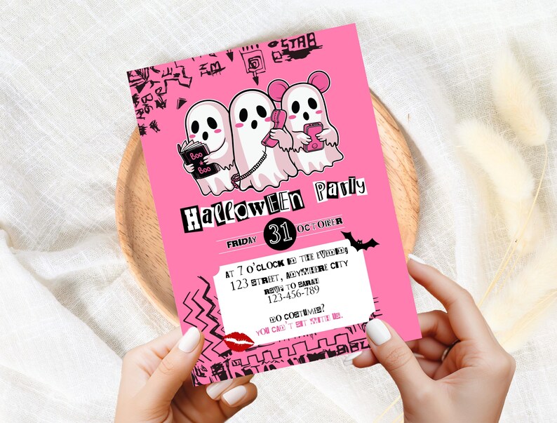 May include: A pink Halloween party invitation featuring three cartoon ghosts. One ghost reads a book, another holds a phone, and the third has mouse ears. The invitation includes the text "Halloween Party" and event details.