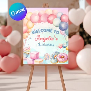 Candyland Erster Geburtstag Willkommensschild Brett Bearbeitbar Canve Vorlage Aquarell Pastell Candy Land Süß Willkommen Poster Party Printables CL1