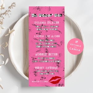 May include: A pink menu card with black text and a red lip graphic. The text includes the title "The Plastics' Pick" and various food and drink items. A pink circle with the text "Editable with Canva" is on the right.