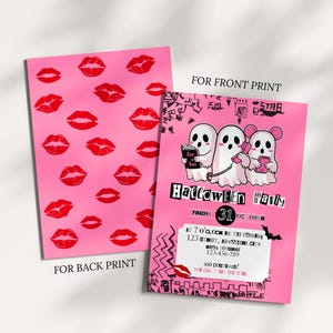 May include: Pink Halloween party invitations. One card features red lip prints, the other has ghost and mouse illustrations with the text "Halloween Party" and event details. The back of the card says "For Back Print".