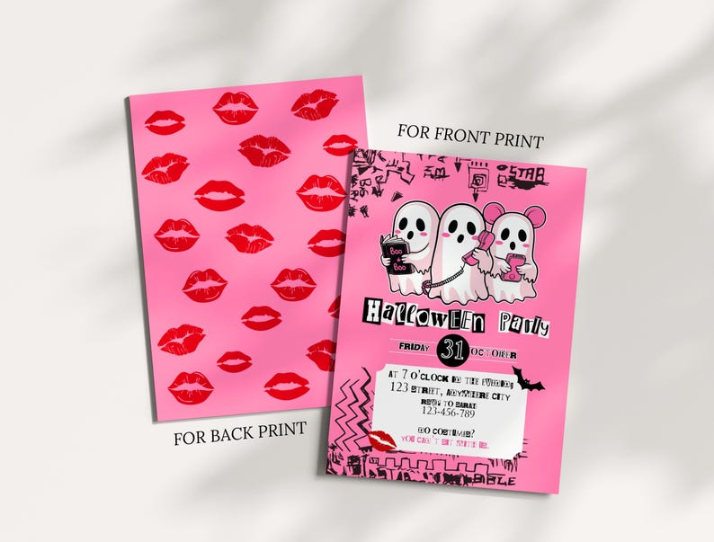 May include: Pink Halloween party invitations. One card features red lip prints, the other has ghost and mouse illustrations with the text "Halloween Party" and event details. The back of the card says "For Back Print".