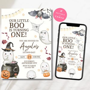 1st Birthday Halloween Party Invitation Card Editable Canva Template Cute Spooky Baby Ghost Evite Little Boo is One E-invitation HW1