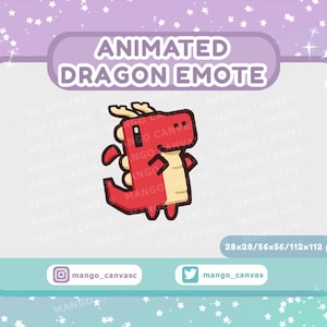 May include: A cartoon dragon emote with a red body, tan belly, and small horns. The text "ANIMATED DRAGON EMOTE" is above the dragon. Social media handles and pixel dimensions are also included.