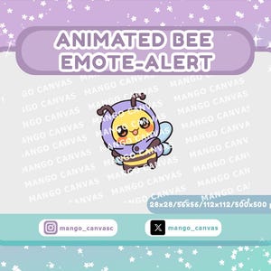 May include: An animated bee emote-alert graphic. The bee is yellow and black, wearing a purple hooded outfit. The background is a gradient of purple and teal with white star accents. Text includes "ANIMATED BEE EMOTE-ALERT".