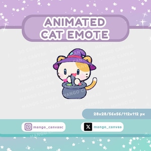 May include: A digital graphic labeled ANIMATED CAT EMOTE featuring a calico cat wearing a purple witch hat and stirring a dark blue cauldron with a green potion. The image includes the text 28x28/56x56/112x112 px, mango_canvasc, and mango_canvas.