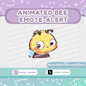 May include: Animated bee emote-alert graphic featuring a yellow bee character with a worried expression. The image includes text that says "ANIMATED BEE EMOTE-ALERT" and social media handles. The background is a gradient of purple and teal.