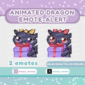 Puede incluir: Gráfico animado de alerta de emoticono de dragón. La imagen presenta dos dragones de dibujos animados con ojos grandes, sosteniendo cajas de regalo moradas atadas con lazos rojos. El texto incluye "2 emotes" y nombres de redes sociales.