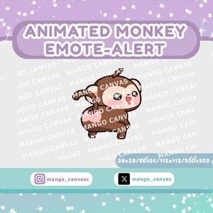 Puede incluir: Un gráfico digital que muestra un mono de dibujos animados marrón con cara y vientre rosados, etiquetado ANIMATED MONKEY EMOTE-ALERT. La imagen incluye las dimensiones 28x28/56x56/112x112/500x500 px y los usuarios mango_canvasc y mango_canvas.