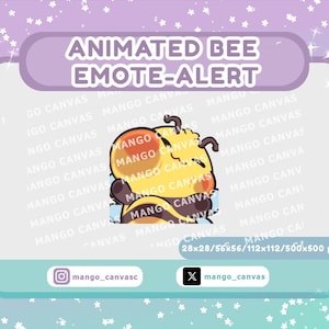 May include: Animated bee emote-alert graphic with a yellow and brown bee. The image includes the text "ANIMATED BEE EMOTE-ALERT" in a purple rounded rectangle. The image also includes the text "mango_canvas".