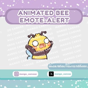 Puede incluir: Una alerta de emote de abeja animada con una abeja amarilla y negra con ojos blancos grandes y la boca abierta. El gráfico incluye el texto ANIMATED BEE EMOTE-ALERT, 28x28/56x56/112x112/500x500 px, mango_canvasc y mango_canvas.