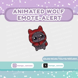 May include: A cartoon wolf character in a red hooded cloak, with the text "ANIMATED WOLF EMOTE-ALERT" in a purple banner. The image also includes the text "28x28/56x56/112x112/500x500 px". The background is a gradient of blue and purple.