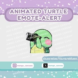 May include: An animated green turtle drinking from a black and green can, labeled with the text "MANGO CANVAS". The image is a digital graphic with the text "ANIMATED TURTLE EMOTE-ALERT". The image also includes social media handles.