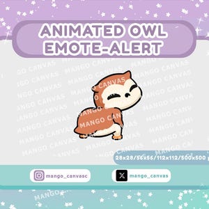 May include: Animated owl emote-alert graphic. The owl is brown and white with closed eyes, set against a light purple and teal background with stars. Text includes "ANIMATED OWL EMOTE-ALERT" and social media handles.