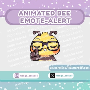 Könnte beinhalten: Digitalgrafik mit einer Cartoon-Biene, die eine Brille trägt und eine Geste der Stille macht. Der Text "ANIMATED BEE EMOTE-ALERT" steht oben. Der Hintergrund ist ein Farbverlauf aus Lila und Türkis mit Sternakzenten.