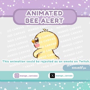 Könnte beinhalten: Animierte "Bee Alert" Grafik mit einer gelben Cartoon-Biene und rosa Zunge. Der Text enthält "ANIMATED BEE ALERT" und "This animation could be rejected as an emote on Twitch." Das Bild ist 500x500 Pixel groß.