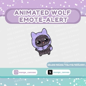 May include: An animated wolf emote-alert graphic. The cartoon wolf is black with a purple hood and a button closure. The text "ANIMATED WOLF EMOTE-ALERT" is at the top. The graphic includes the seller's social media handles.