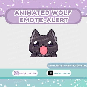 Op de afbeelding: Geanimeerde wolf emote-alert grafiek. De afbeelding toont een cartoonwolf met een verraste uitdrukking, open mond en paarse ogen. De tekst "ANIMATED WOLF EMOTE-ALERT" staat bovenaan. De afbeelding bevat social media handles en pixelafmetingen.