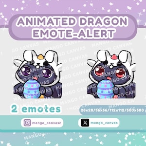 May include: Two animated dragon emotes with a cute design. The dragons are dark purple with white accents and holding a decorated Easter egg. The text reads "ANIMATED DRAGON EMOTE-ALERT" and "2 emotes".