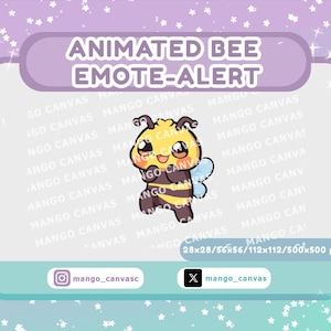 May include: Animated bee emote-alert graphic featuring a yellow and black bee character with large eyes. The bee is holding its hands up. The background is a purple and teal gradient with white stars and the text "MANGO CANVAS".